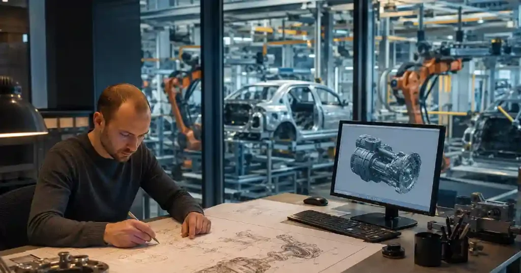 laureato magistrale ingegnere progettista meccanico lavora a un componente automotive nel suo ufficio industriale