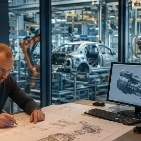 Info corsi di formazione 4 laureato magistrale ingegnere progettista meccanico lavora a un componente automotive nel suo ufficio industriale